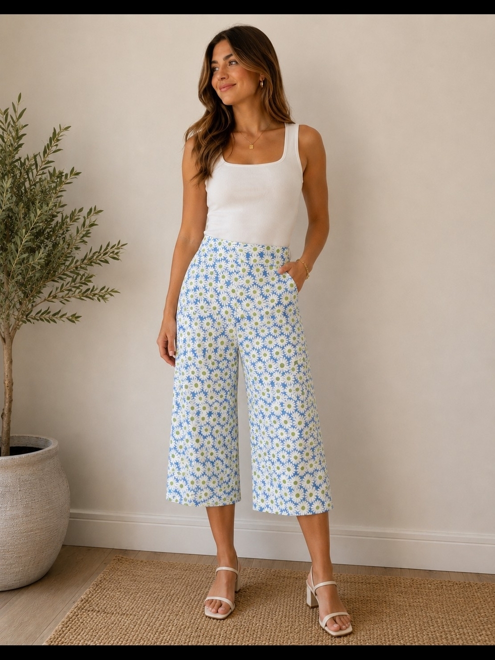 MNG Mango Floral Wide Leg Crop Pants